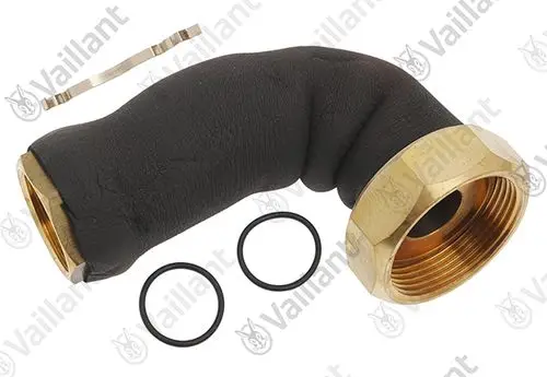 Vaillant Rohr mit einer gebogenen Form, einem Messinganschluss und zwei O-Ringen, einer Metallklammer zur Befestigung.